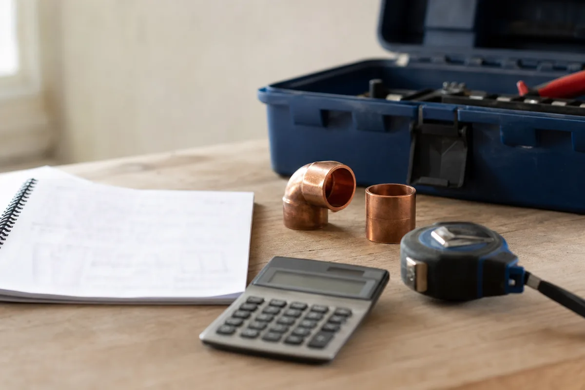 Carnet de devis, calculatrice et raccords en cuivre posés près d’une caisse à outils sur un plan de travail