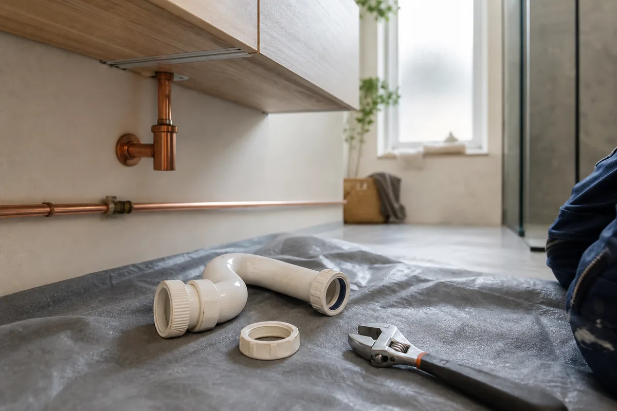 Siphon démonté sur une bâche de protection dans une salle de bains française