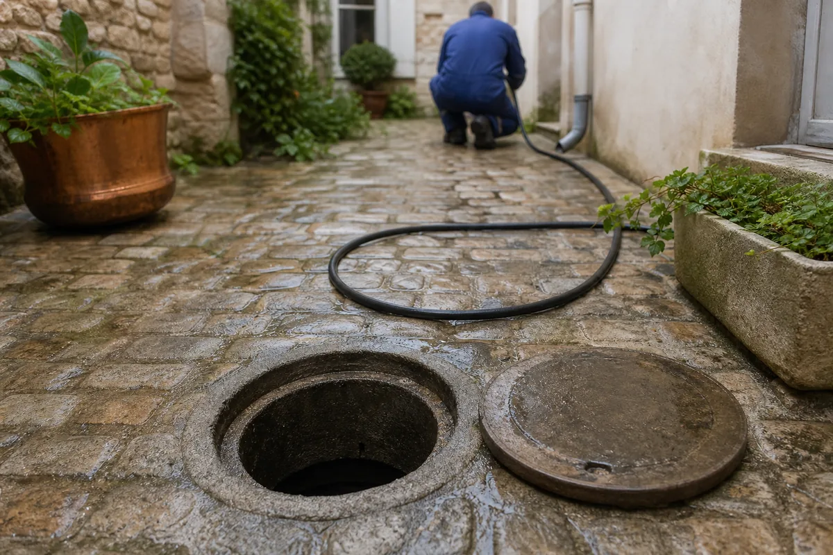 Regard de visite ouvert dans une cour pavée, tuyau d&rsquo;hydrocurage déroulé au sol à la lumière du jour