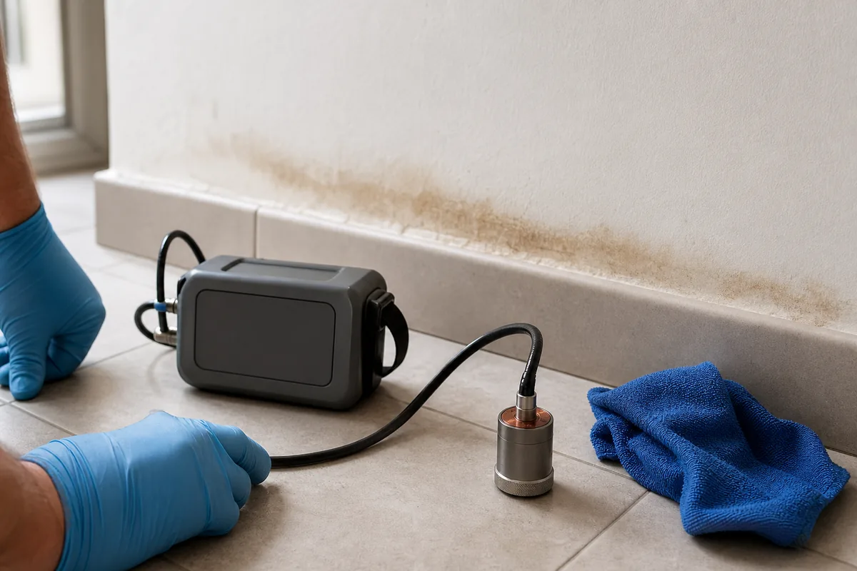 Sonde de recherche de fuite posée au bas d&rsquo;un mur humide dans une pièce éclairée par la fenêtre