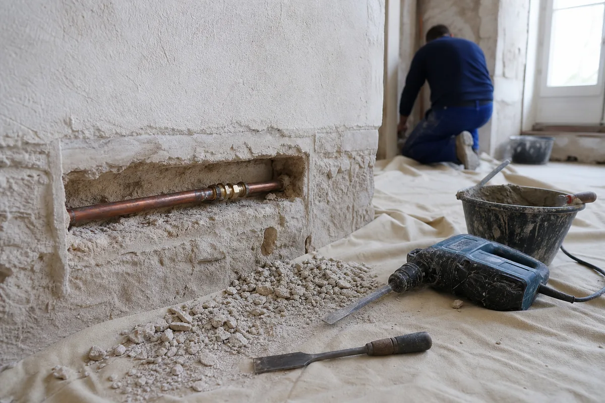 Mur ancien ouvert au ras du sol pour accéder à une canalisation encastrée, gravats sur une bâche