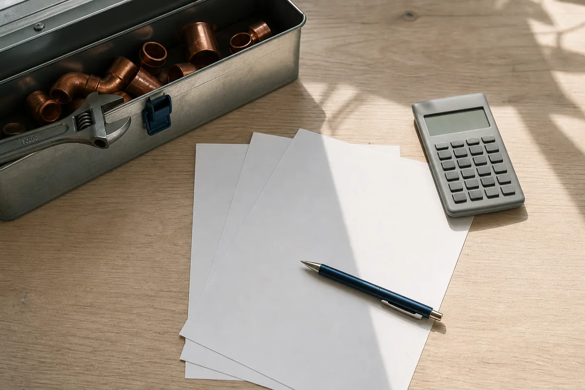 Devis de plomberie, stylo et calculatrice posés près d&rsquo;une caisse à outils