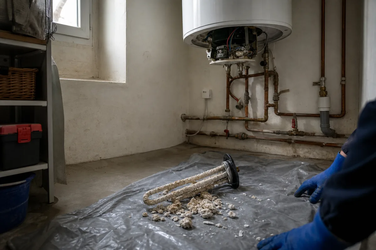 Chauffe-eau ouvert dans un cellier, résistance couverte de tartre posée sur une bâche de protection