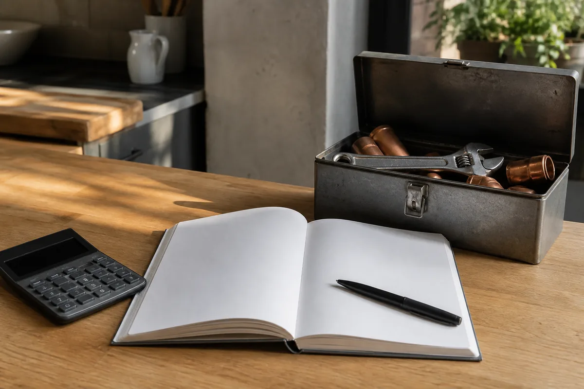 Carnet de devis et calculatrice posés près d’une caisse à outils sur une table en bois