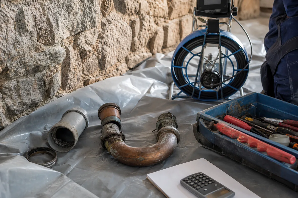 Siphon démonté posé sur une bâche de protection devant un mur en pierre de granit