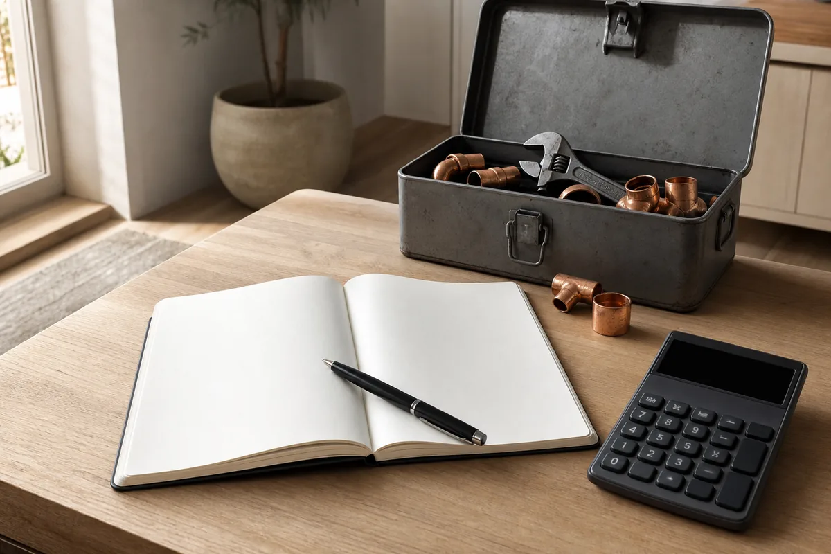 Carnet vierge, calculatrice et caisse à outils posés sur une table avant la signature d&rsquo;un devis