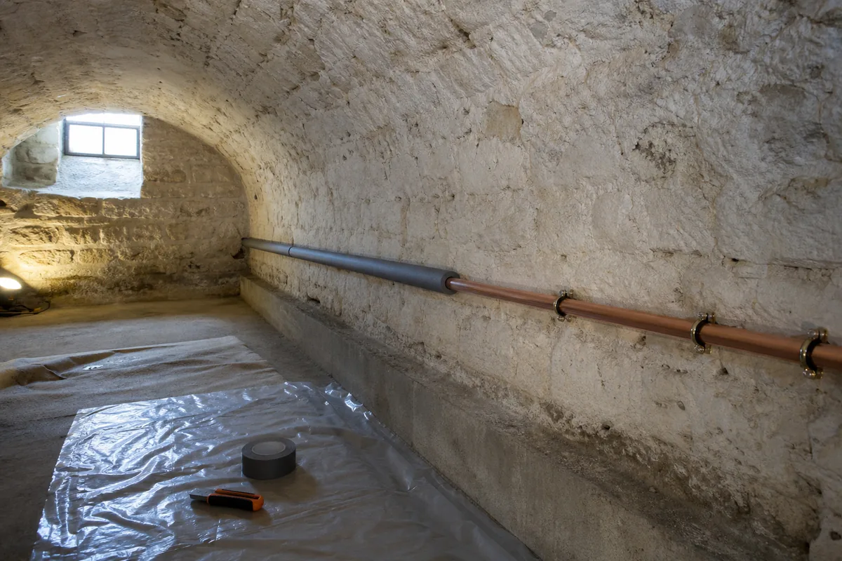 Canalisation en cuivre courant le long d&rsquo;un mur de cave voûtée en pierre calcaire, manchon isolant partiellement posé
