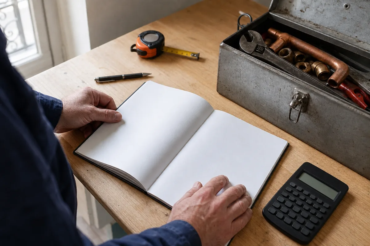 Carnet de devis ouvert et calculatrice posés près d&rsquo;une caisse à outils, sur une table en bois éclairée par la lumière du jour