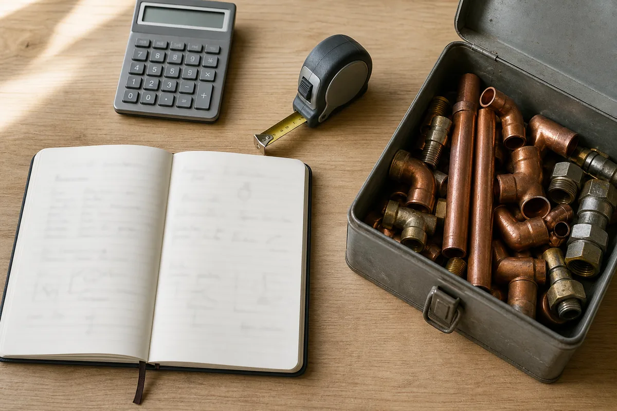 Carnet de devis et calculatrice posés près d&rsquo;une caisse à outils de plombier sur un plan de travail