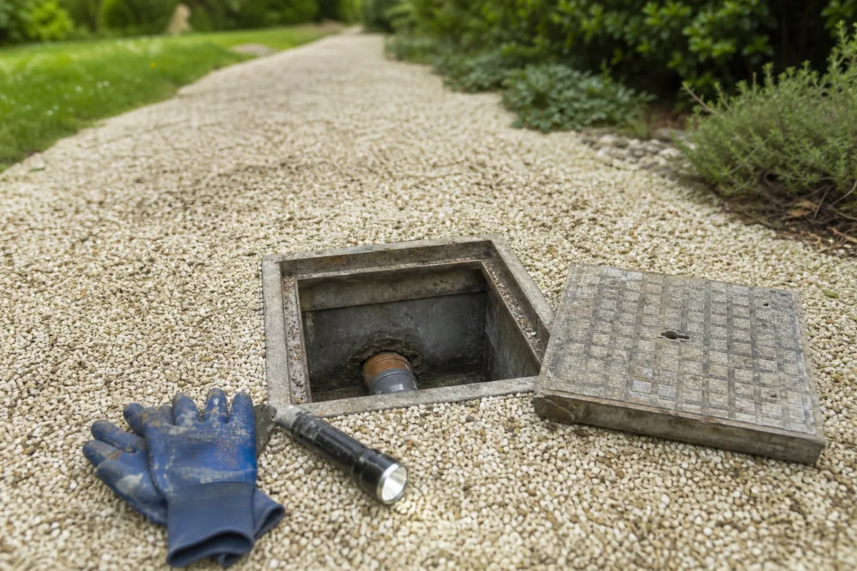 Regard de branchement ouvert dans une allée de jardin, tampon posé de côté et gants de travail