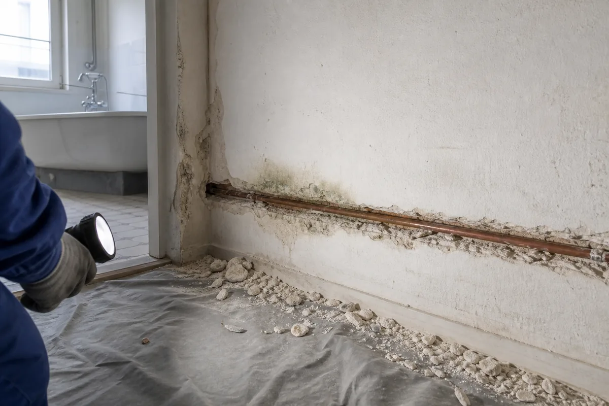 Saignée ouverte dans un mur de salle de bains laissant voir un tube de cuivre encastré et humide