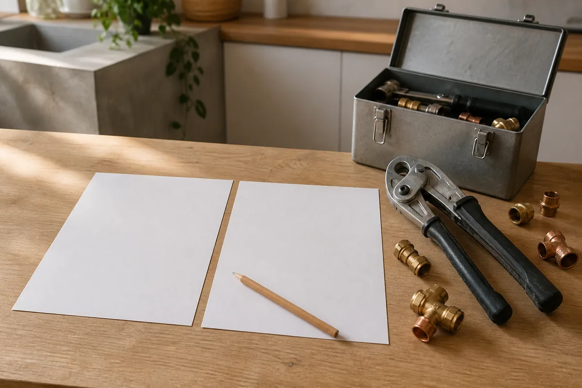Deux devis vierges posés sur une table de cuisine près d&rsquo;une pince à sertir et de raccords multicouche