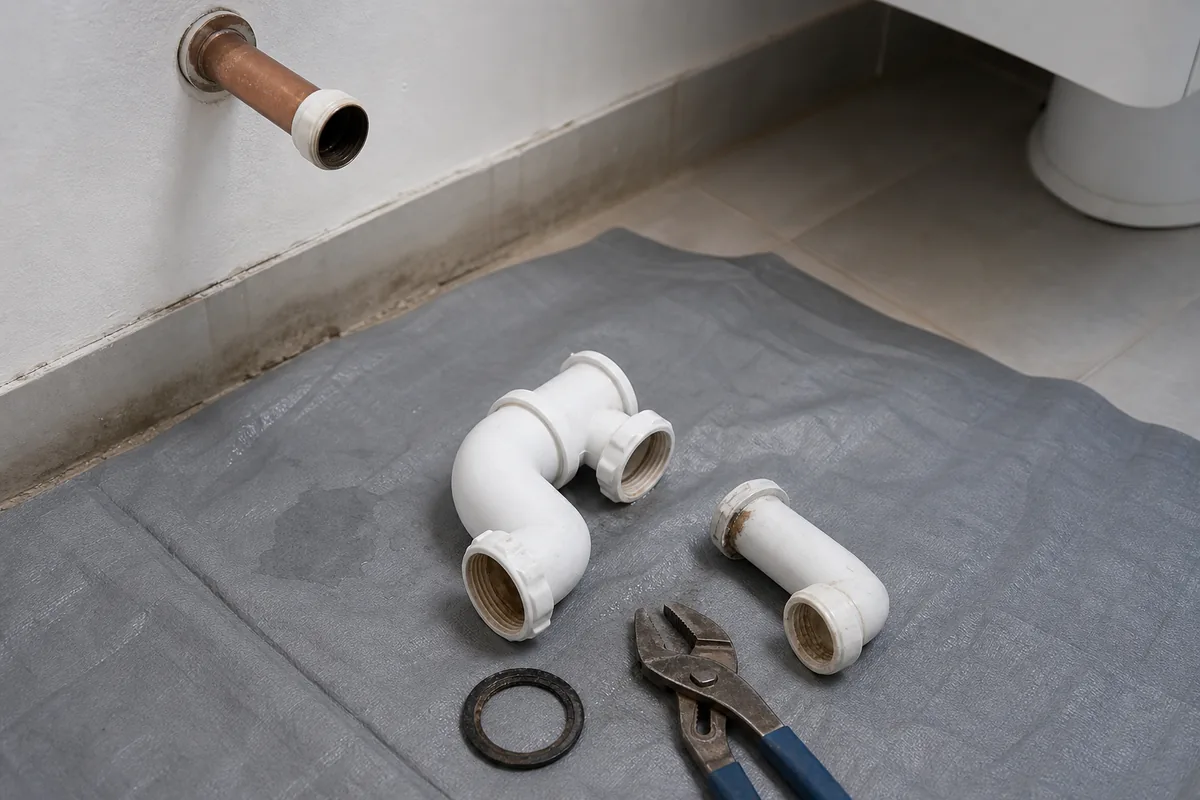 Siphon démonté posé sur une bâche de protection au pied d&rsquo;un mur clair, près d&rsquo;une caisse à outils