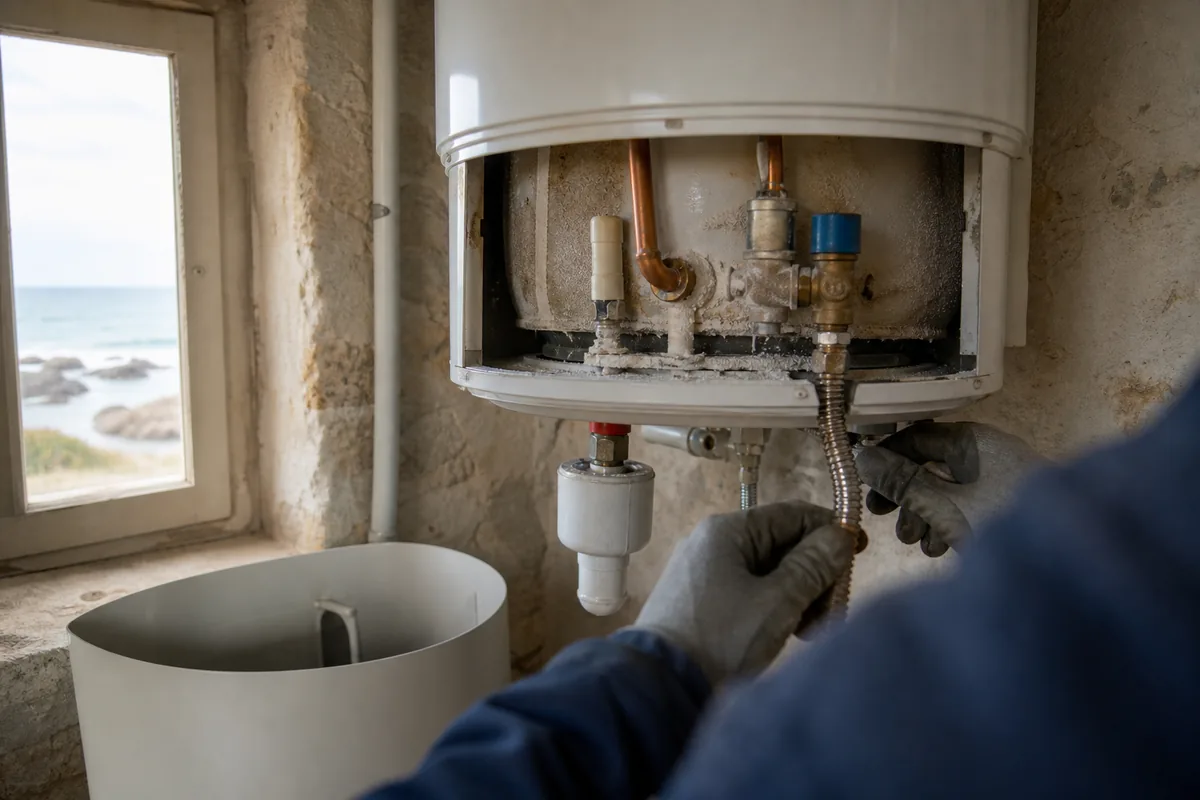 Chauffe-eau ouvert dans un cellier de maison vendéenne, capot déposé et outillage posé au sol