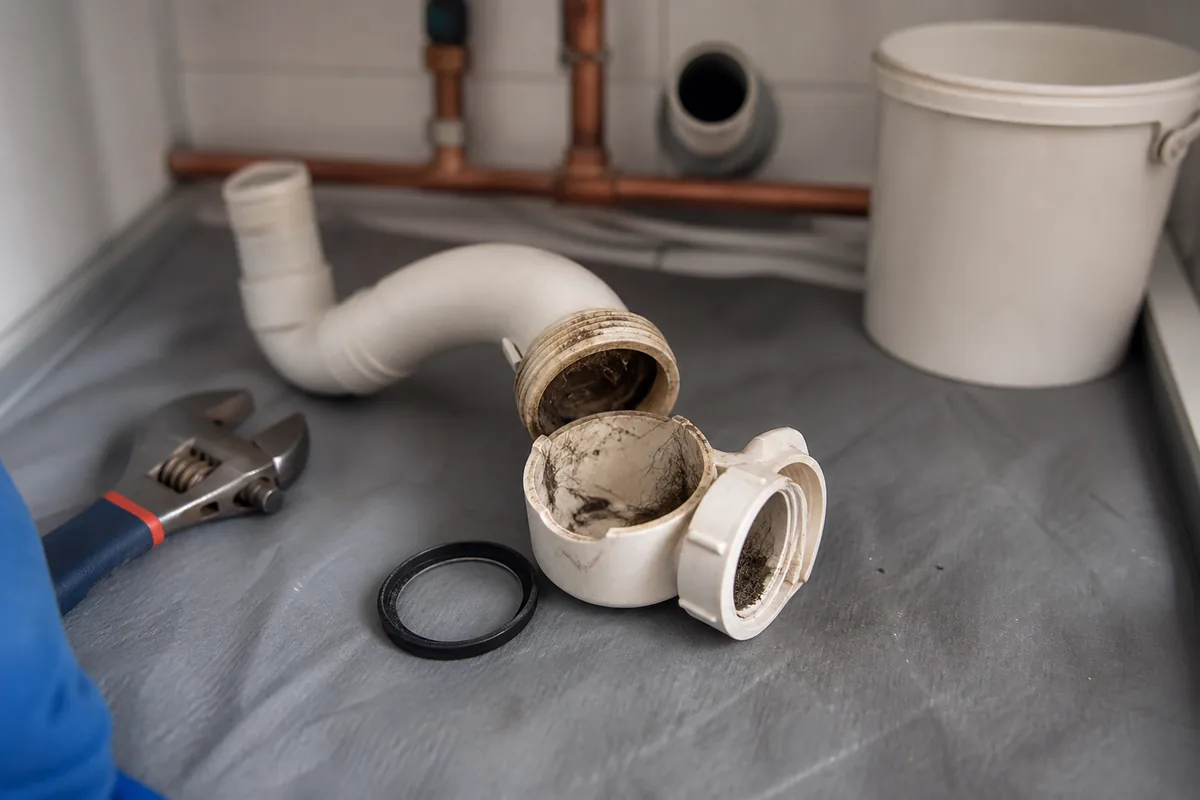 Siphon démonté posé sur une bâche de protection, clé à molette et joint neuf à côté