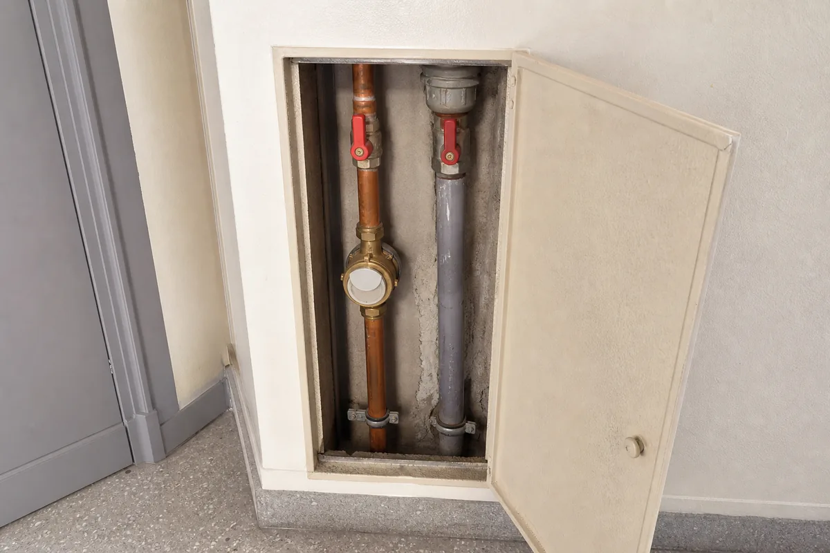 Compteur d&rsquo;eau et vannes d&rsquo;arrêt dans la gaine technique d&rsquo;un immeuble collectif
