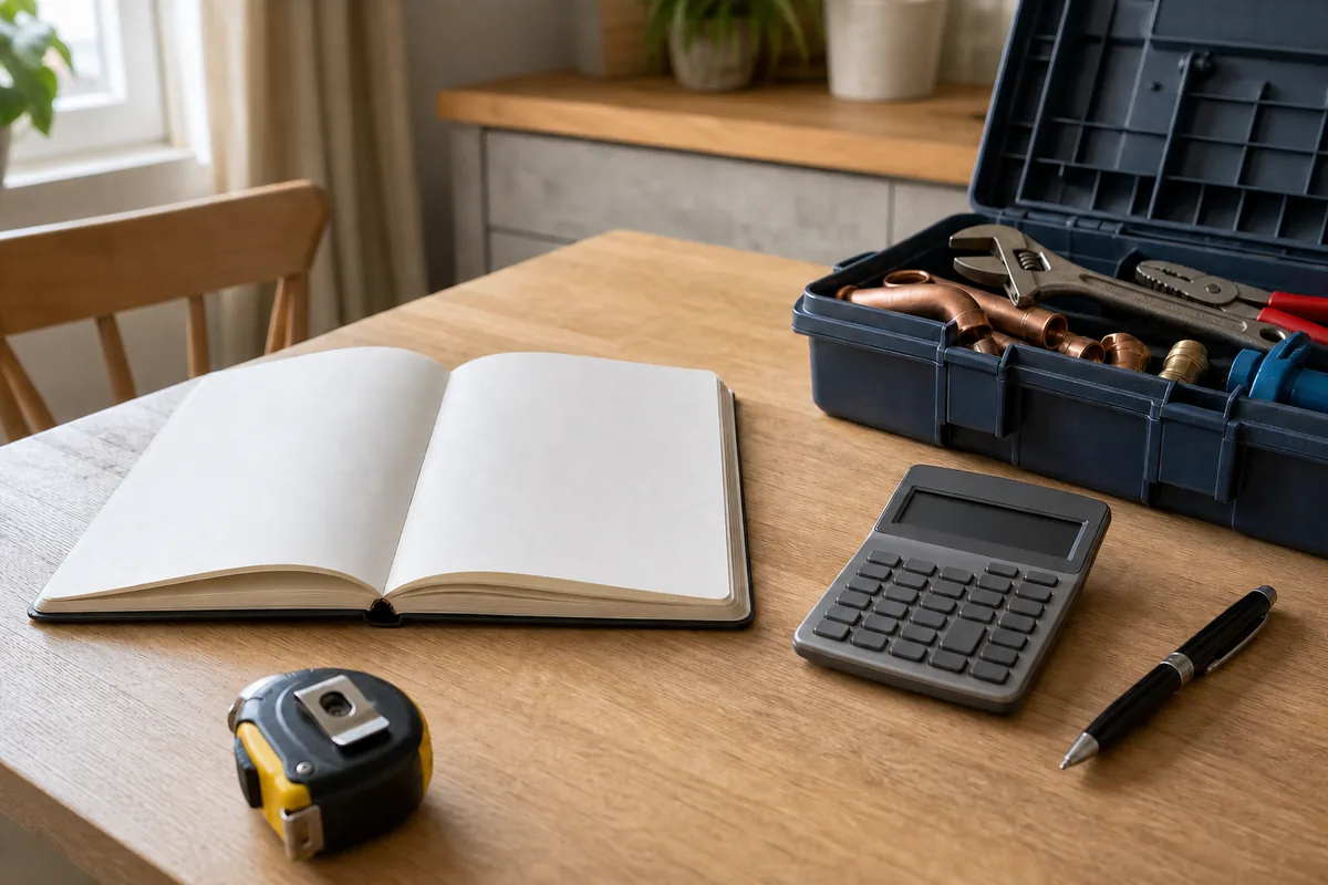 Carnet de devis et calculatrice posés près d&rsquo;une caisse à outils de plombier