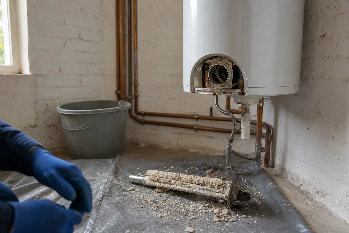 Chauffe-eau ouvert dans un cellier de maison en brique, résistance entartrée posée sur une bâche