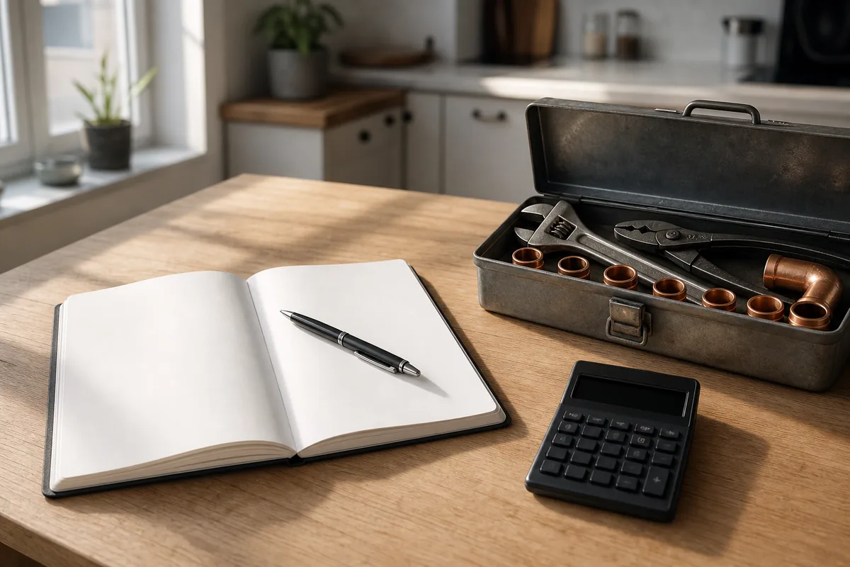 Carnet de devis et calculatrice posés près d’une caisse à outils et de raccords en cuivre