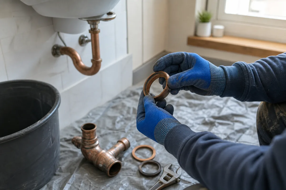 Tuyaux de cuivre, raccords et outils de plomberie posés sur un établi éclairé par la lumière du jour