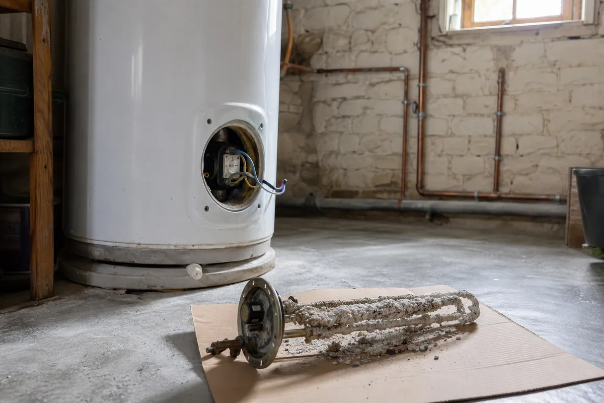 Chauffe-eau électrique ouvert dans un cellier de maison ancienne, résistance entartrée posée à côté